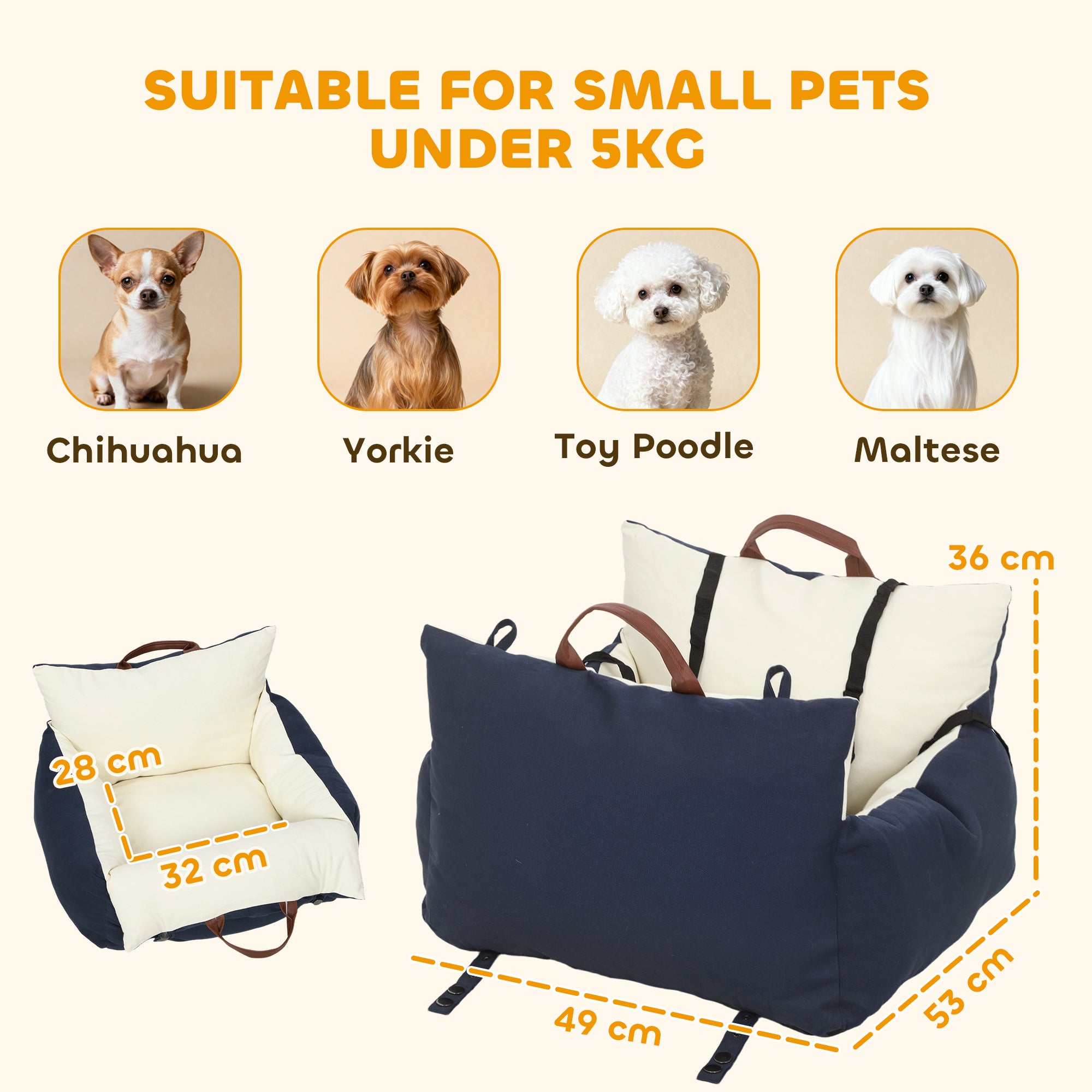 Dog Car Seat, Cosy Pet Car Booster Seat for Small Dogs Under 5kg, Portable Travel Bed with Safety Belts, Navy Blue