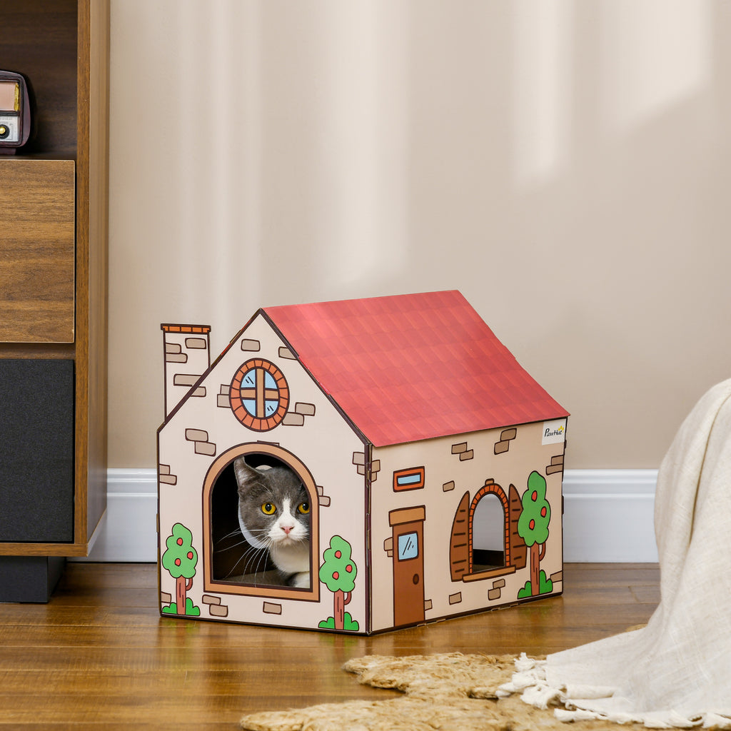 2-in-1 Cat Scratcher House with Catnip - Cardboard Scratching Board & Lounger for Indoor Cats