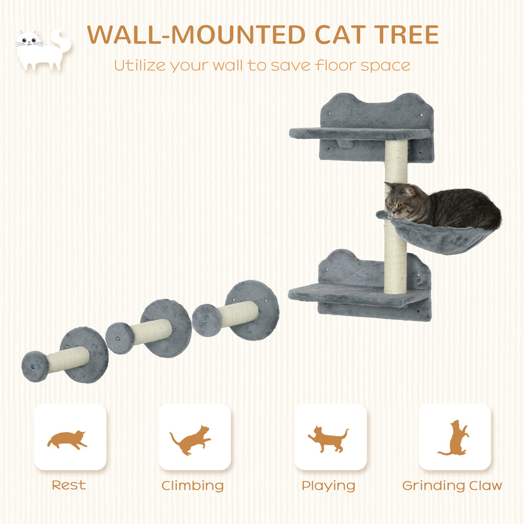 4-Piece Wall-Mounted Cat Shelves with Scratching Post - Cat Wall Furniture for Indoor Cats (Grey)