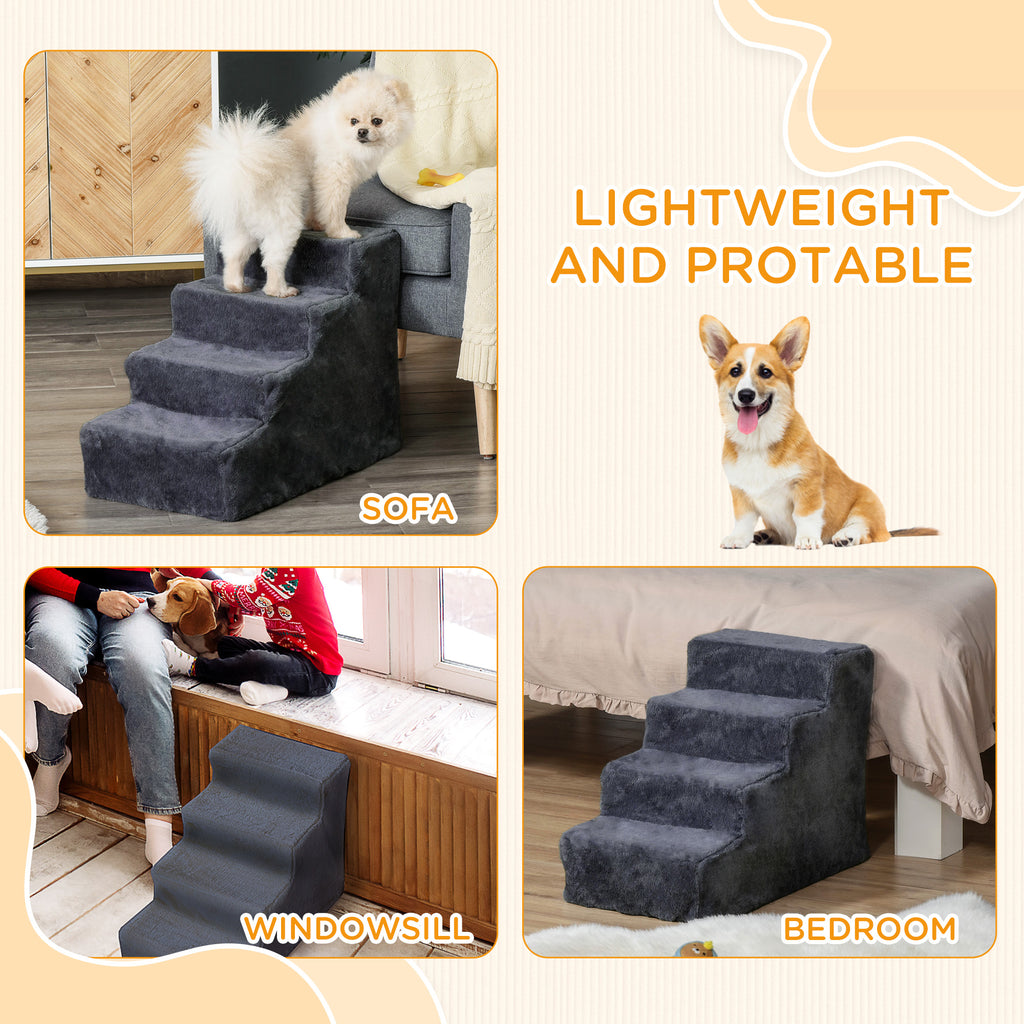 4-Step Dog Stairs with Washable Plush Cover - Pet Steps for High Beds & Sofas, Small Dogs & Cats (Dark Grey)