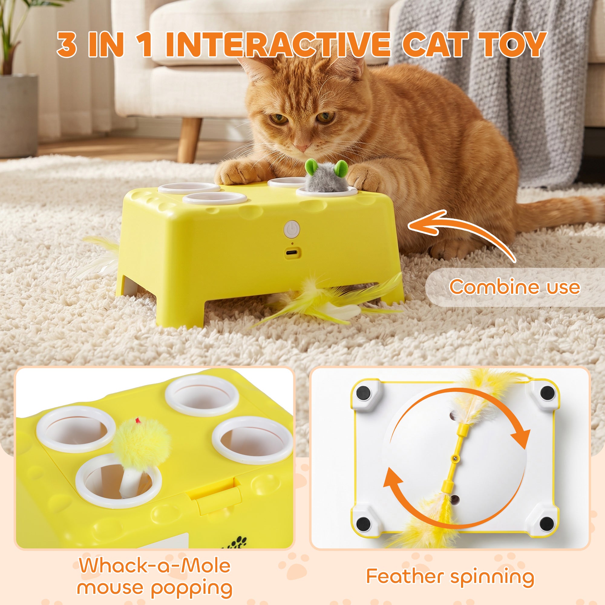 3-in-1 Interactive Cat Toy with Mouse & Feather Teaser, Rechargeable, Automatic for Indoor Kittens & Adult Cats