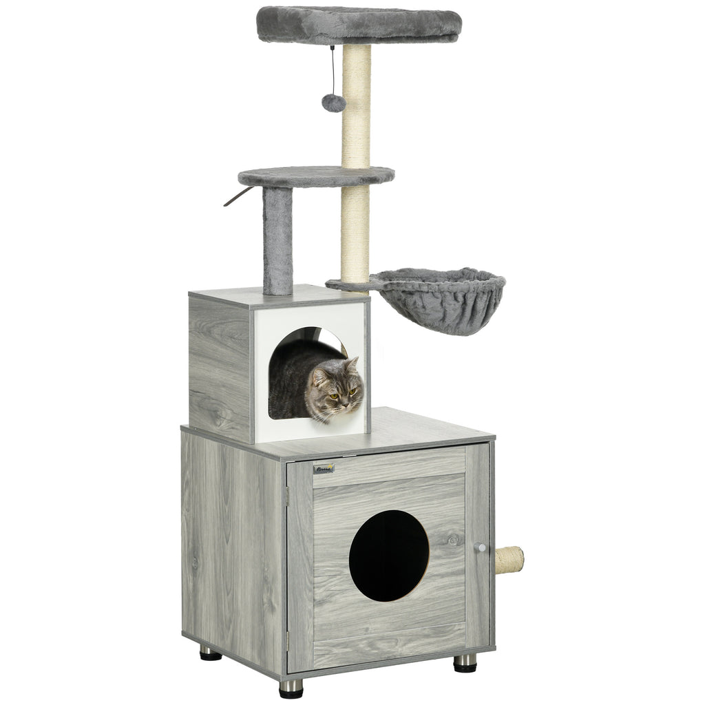 Enclosed Cat Litter Box with Hidden House, Bed & Scratching Posts - Indoor Cat Furniture (Grey)