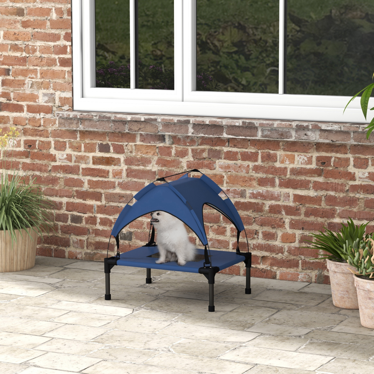 Cooling Raised Dog Bed with Breathable Mesh and Canopy - Dark Blue