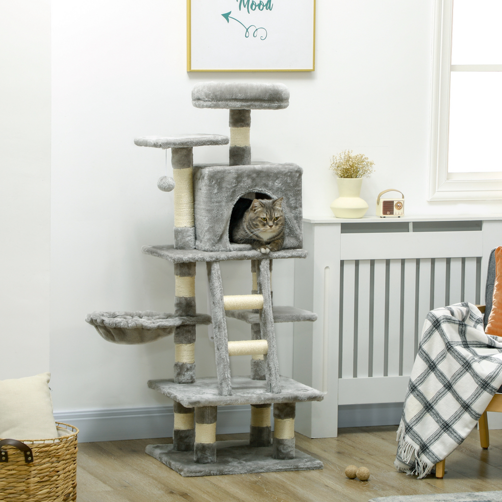 132cm Multi-Activity Cat Tree with House, Baskets, Hammock and Ladder - Grey