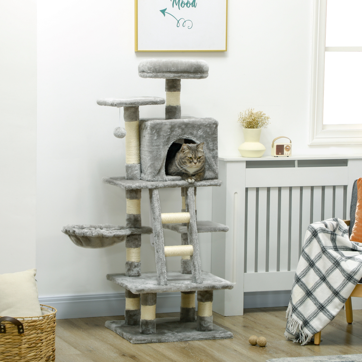 132cm Multi-Activity Cat Tree with House, Baskets, Hammock and Ladder - Grey