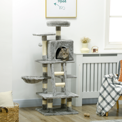 132cm Multi-Activity Cat Tree with House, Baskets, Hammock and Ladder - Grey