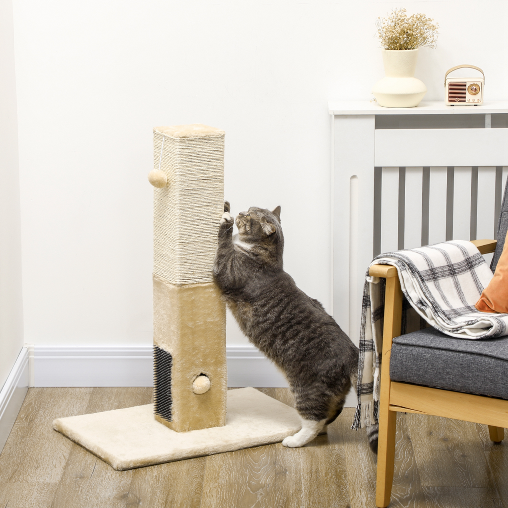 Cat Scratching Post and Climber with Carpet Base and Hanging Toy - Beige