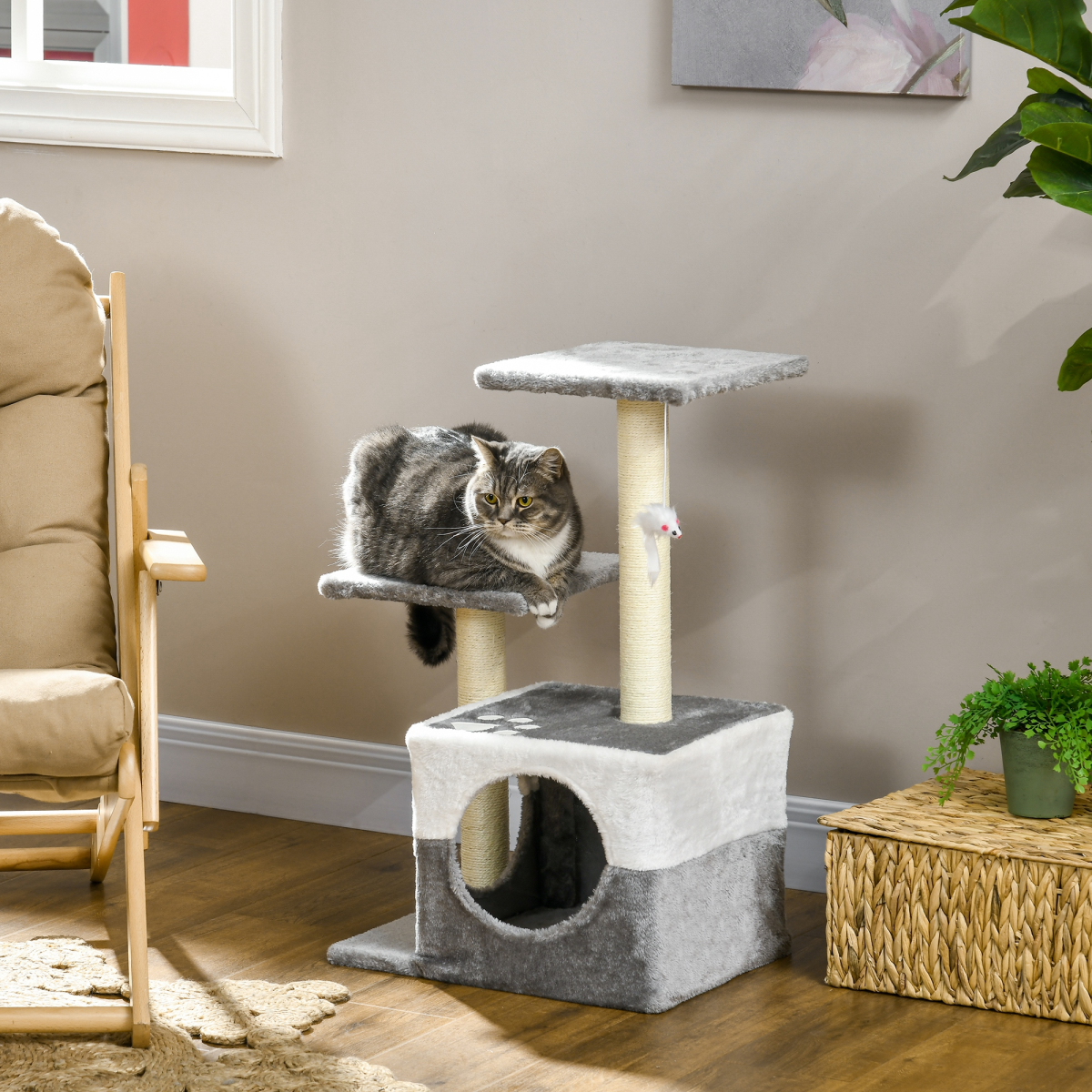 Cat Tree with Sisal Scratching Post, House, Perches and Toy Mouse - Grey