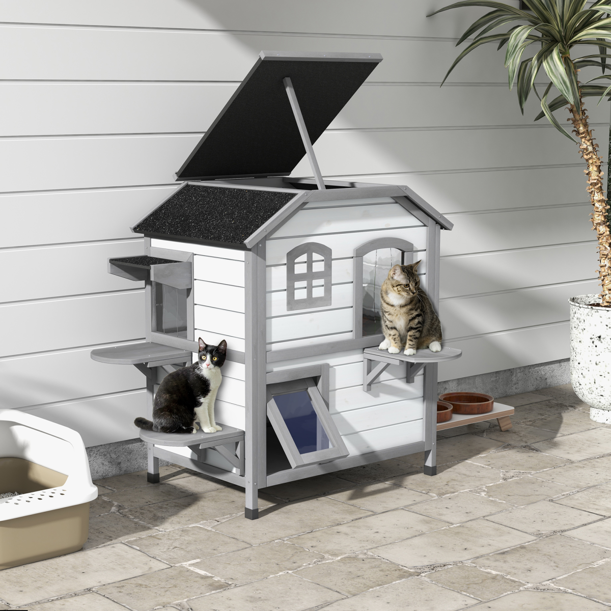 Wooden Cat House with Openable Roof - Indoor and Outdoor Catio Condo, White
