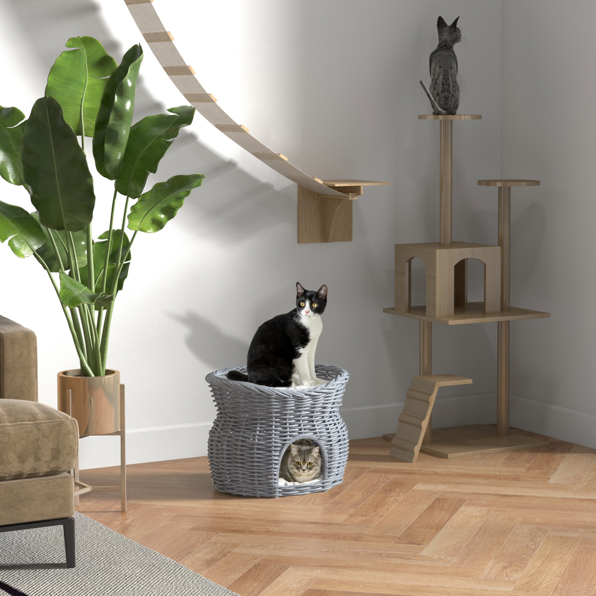 2-Tier Willow Pet Bed and Condo - Handwoven Cat House Basket, Grey