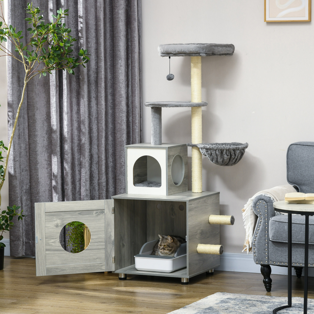 Cat Litter Box Enclosure with Cat House, Bed, Scratching Posts and Platform