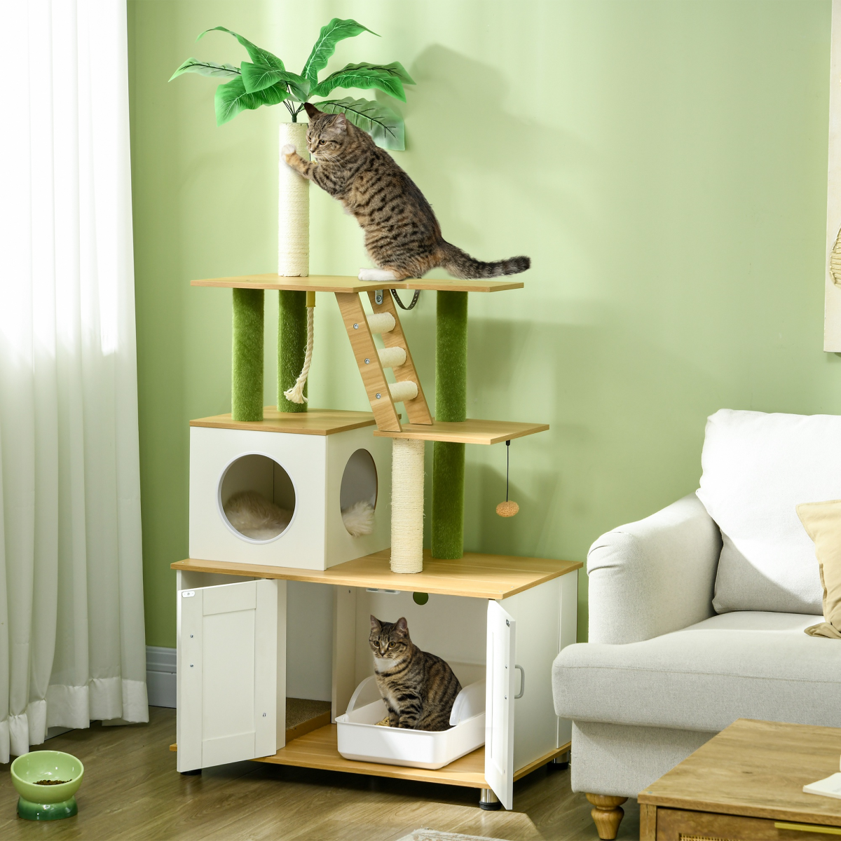 2-in-1 Hidden Litter Box and Cat Tree with Green Leaf Design - Oak