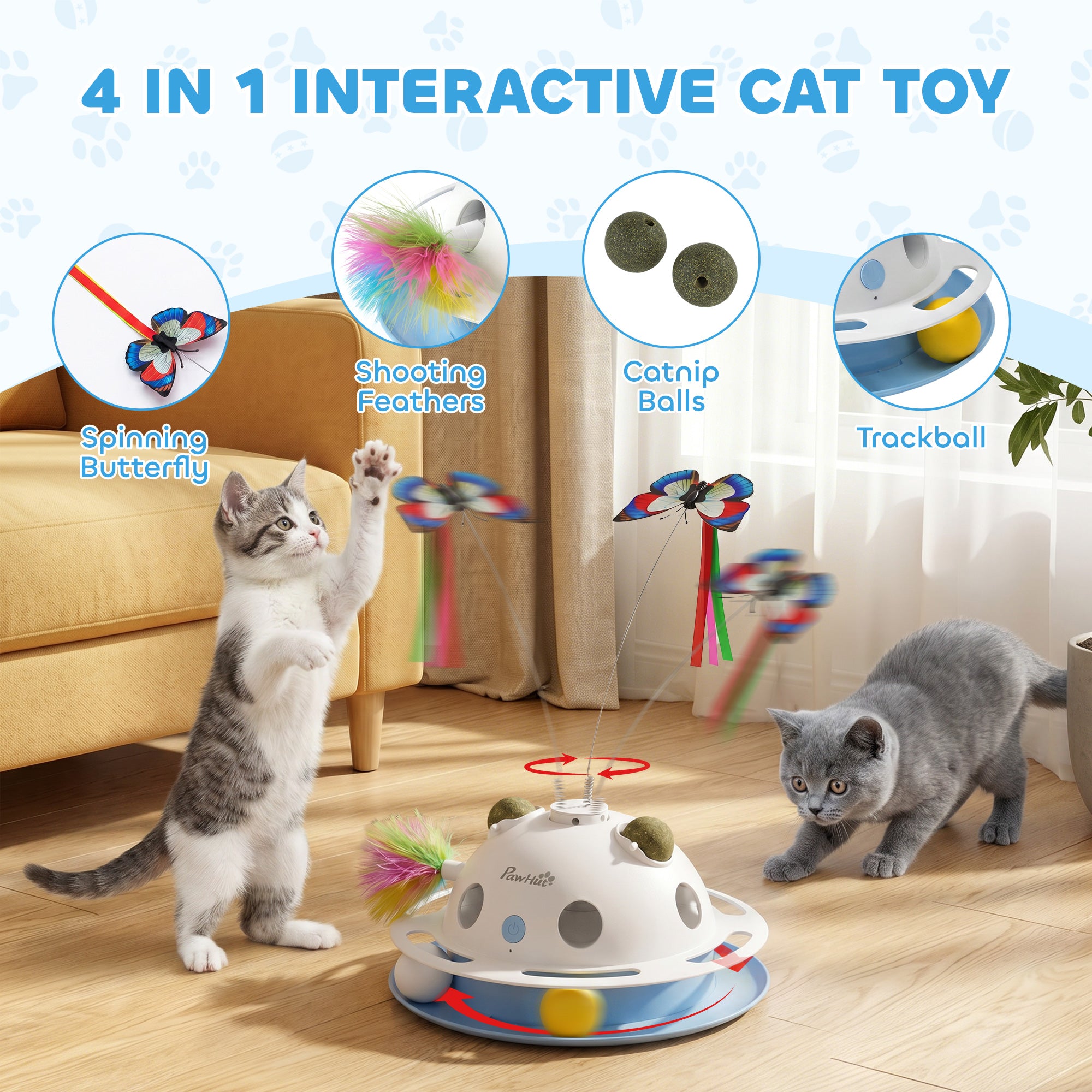 4-in-1 Interactive Cat Toy for Indoor Cats Adult with Spinning Butterfly, Shooting Feathers & Catnip Balls