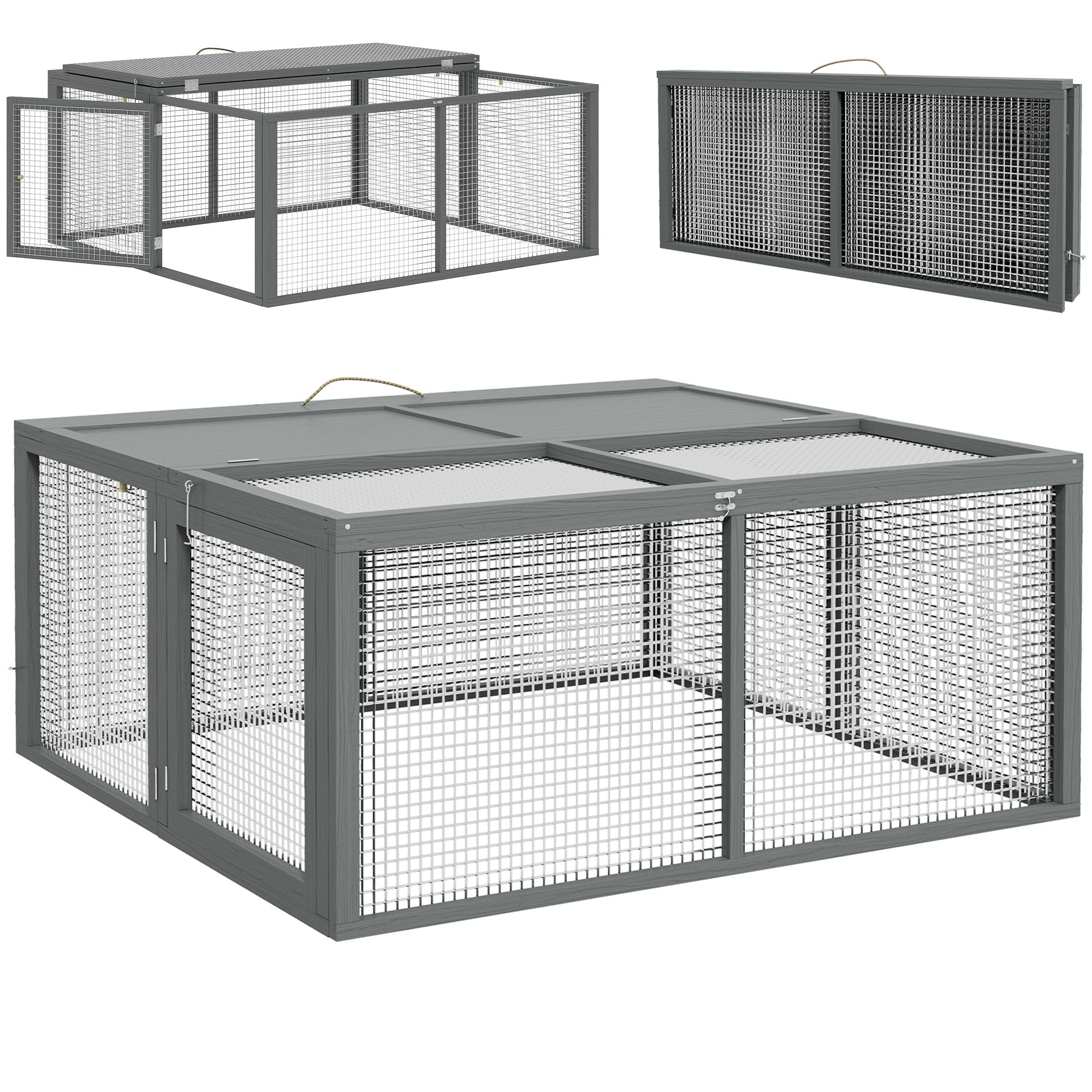 Wooden Folding Rabbit Hutch, for 2-3 Rabbits - Grey
