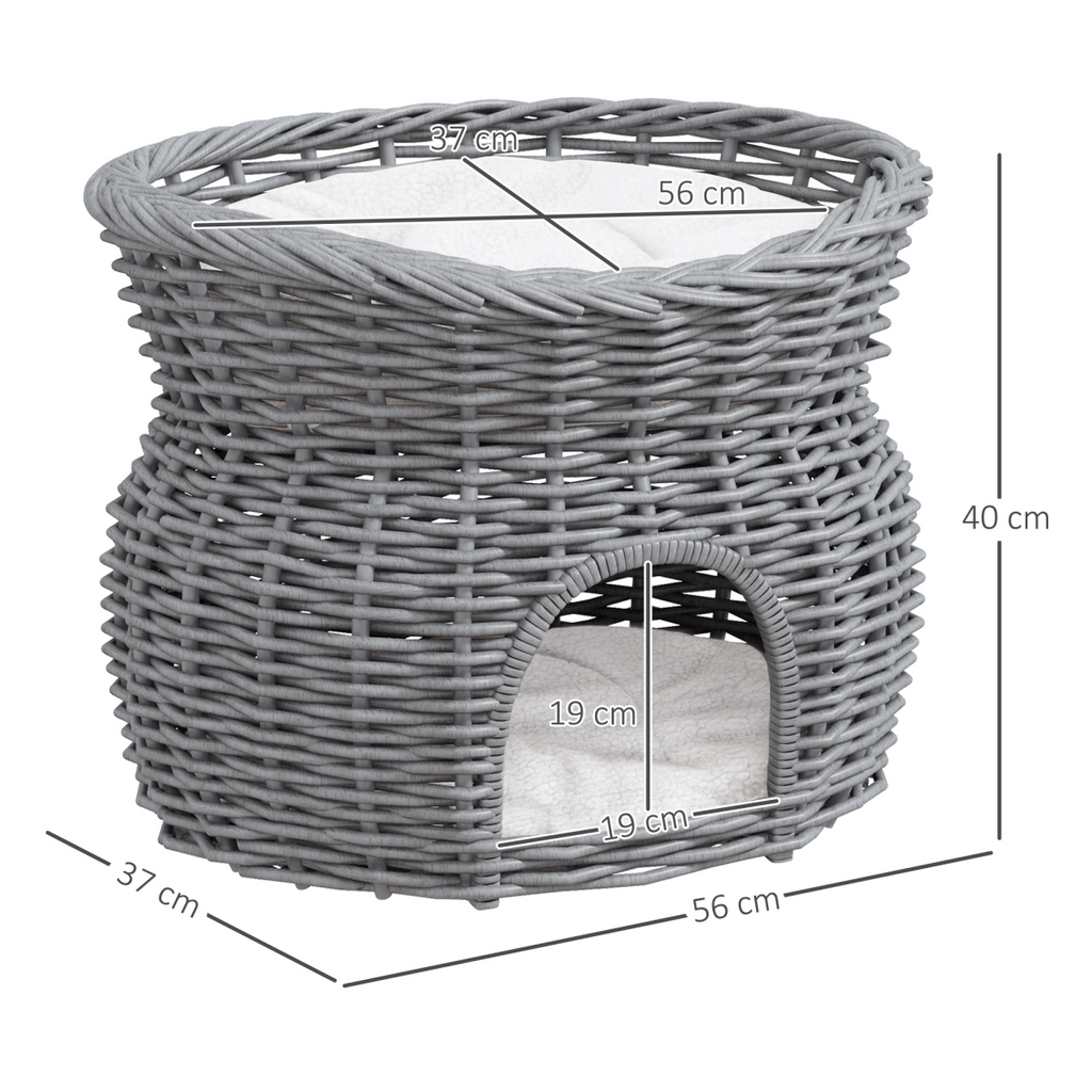 2-Tier Willow Pet Bed and Condo - Handwoven Cat House Basket, Grey