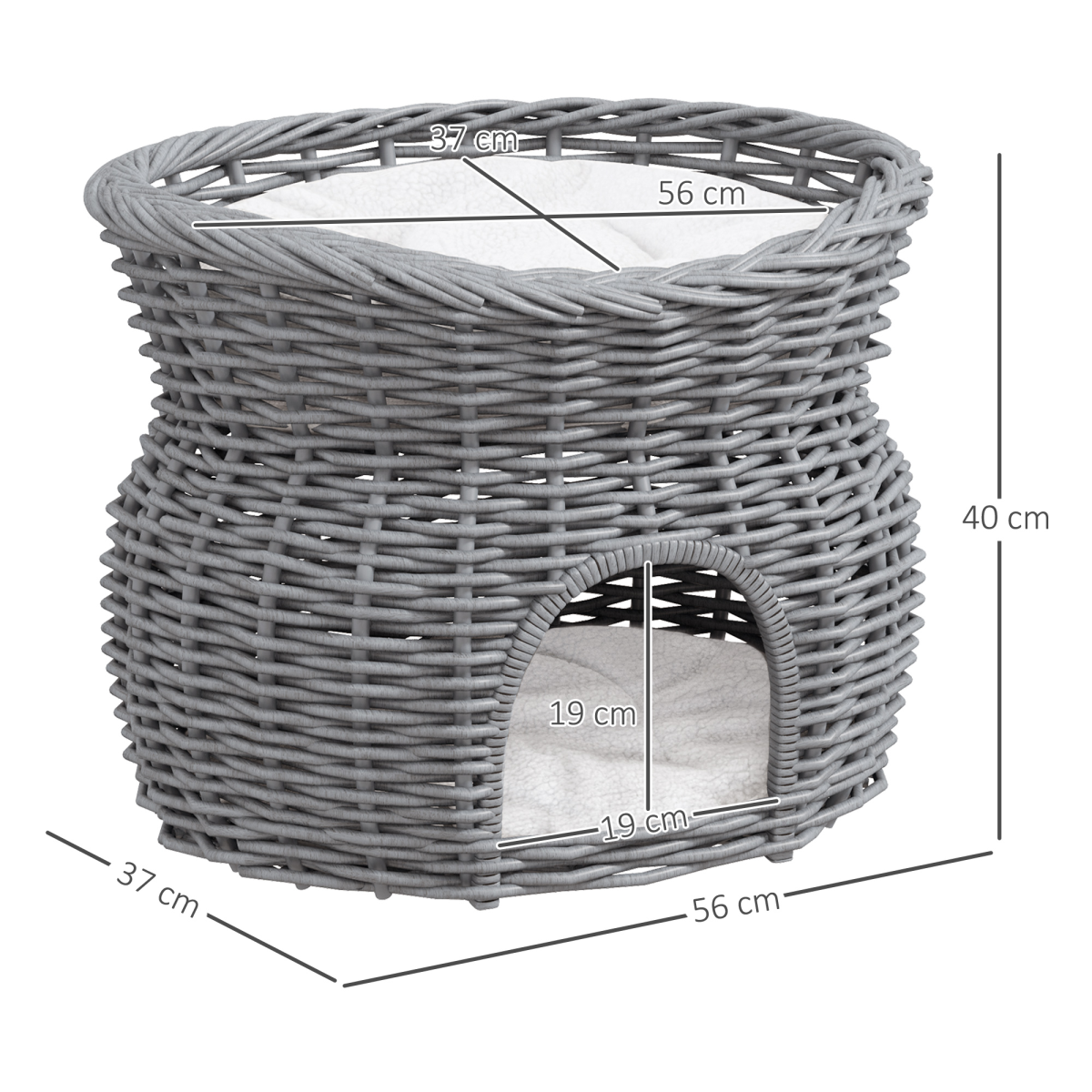 2-Tier Willow Pet Bed and Condo - Handwoven Cat House Basket, Grey