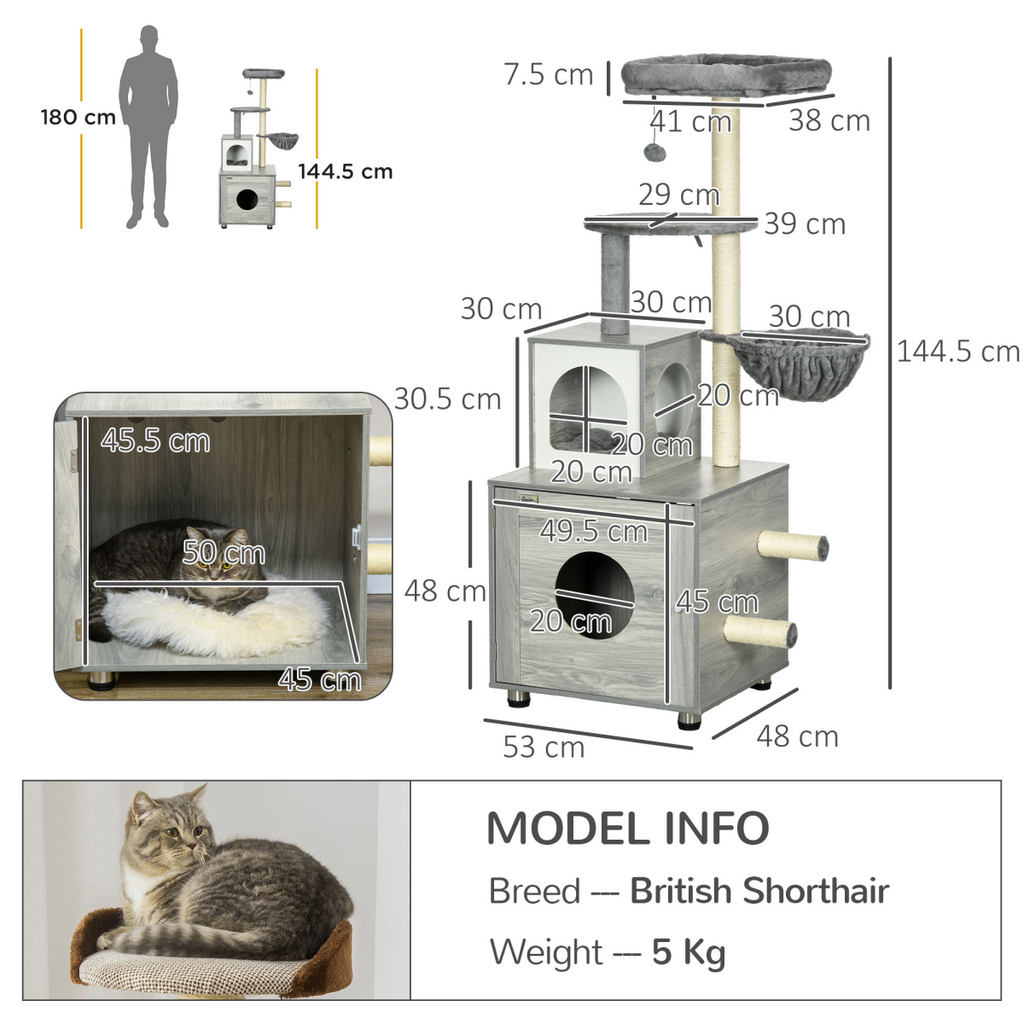 Cat Litter Box Enclosure with Cat House, Bed, Scratching Posts and Platform