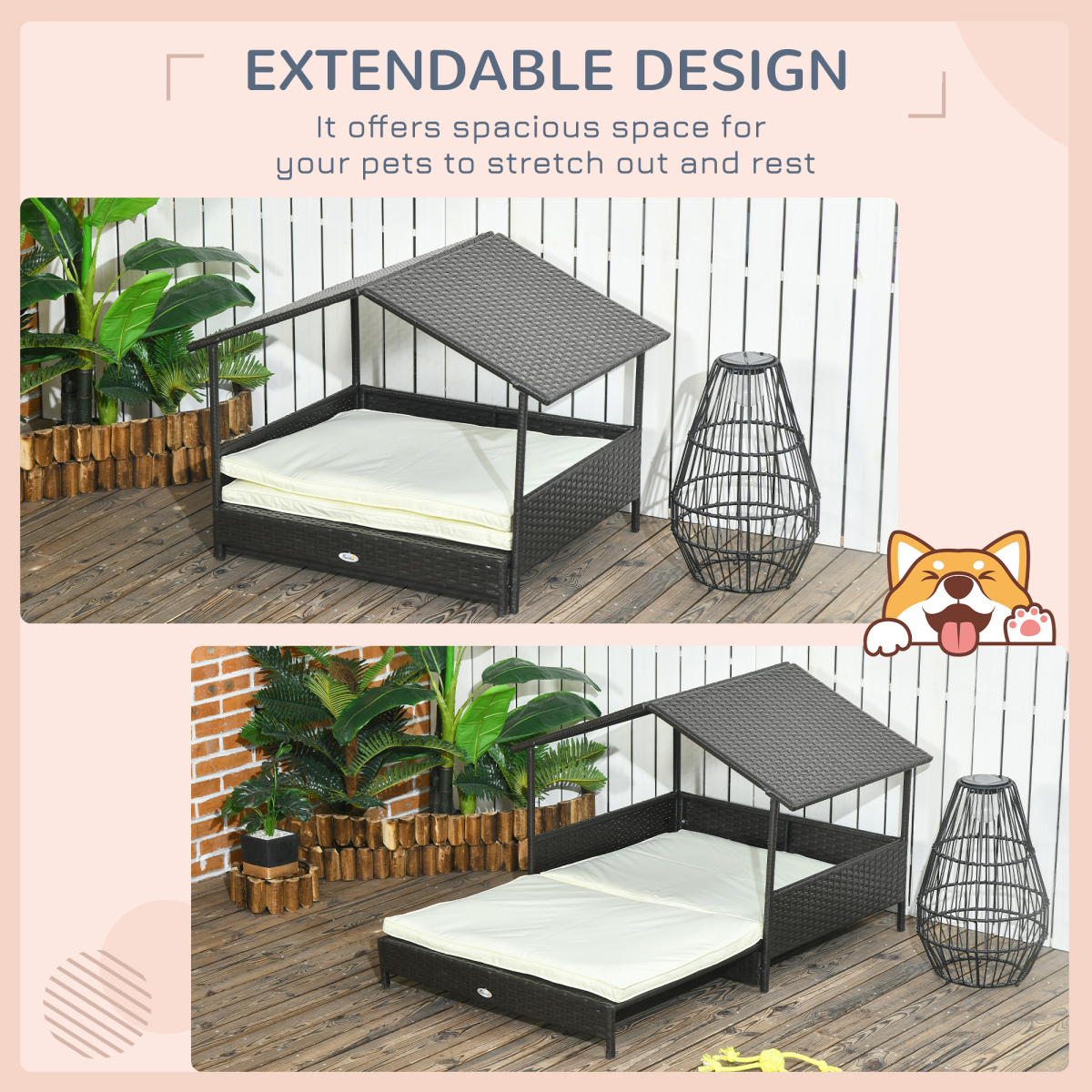 Extendable Rattan Dog House with Water-Resistant Roof and Cushion