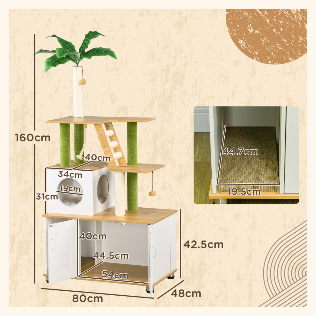 2-in-1 Hidden Litter Box and Cat Tree with Green Leaf Design - Oak