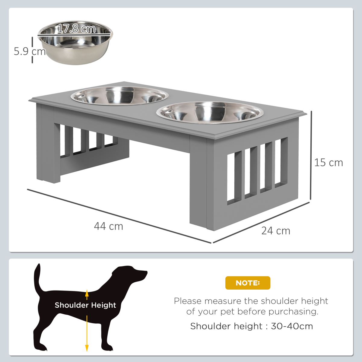 Raised Dog Bowls Feeder - Elevated Stainless Steel Double Bowl Stand, Grey