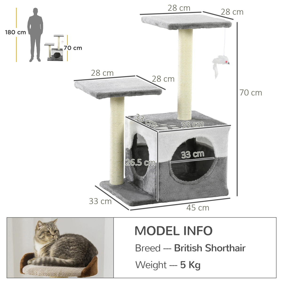 Cat Tree with Sisal Scratching Post, House, Perches and Toy Mouse - Grey