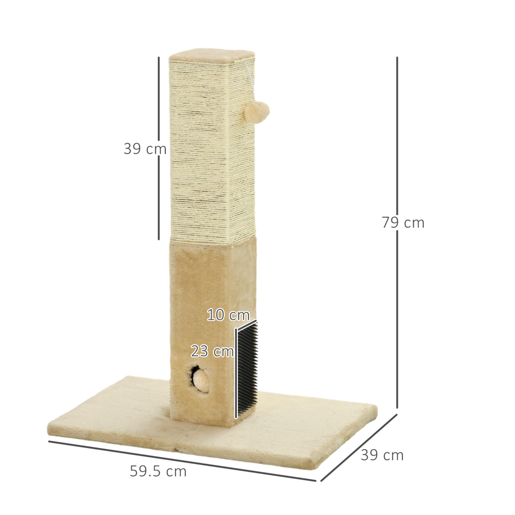Cat Scratching Post and Climber with Carpet Base and Hanging Toy - Beige