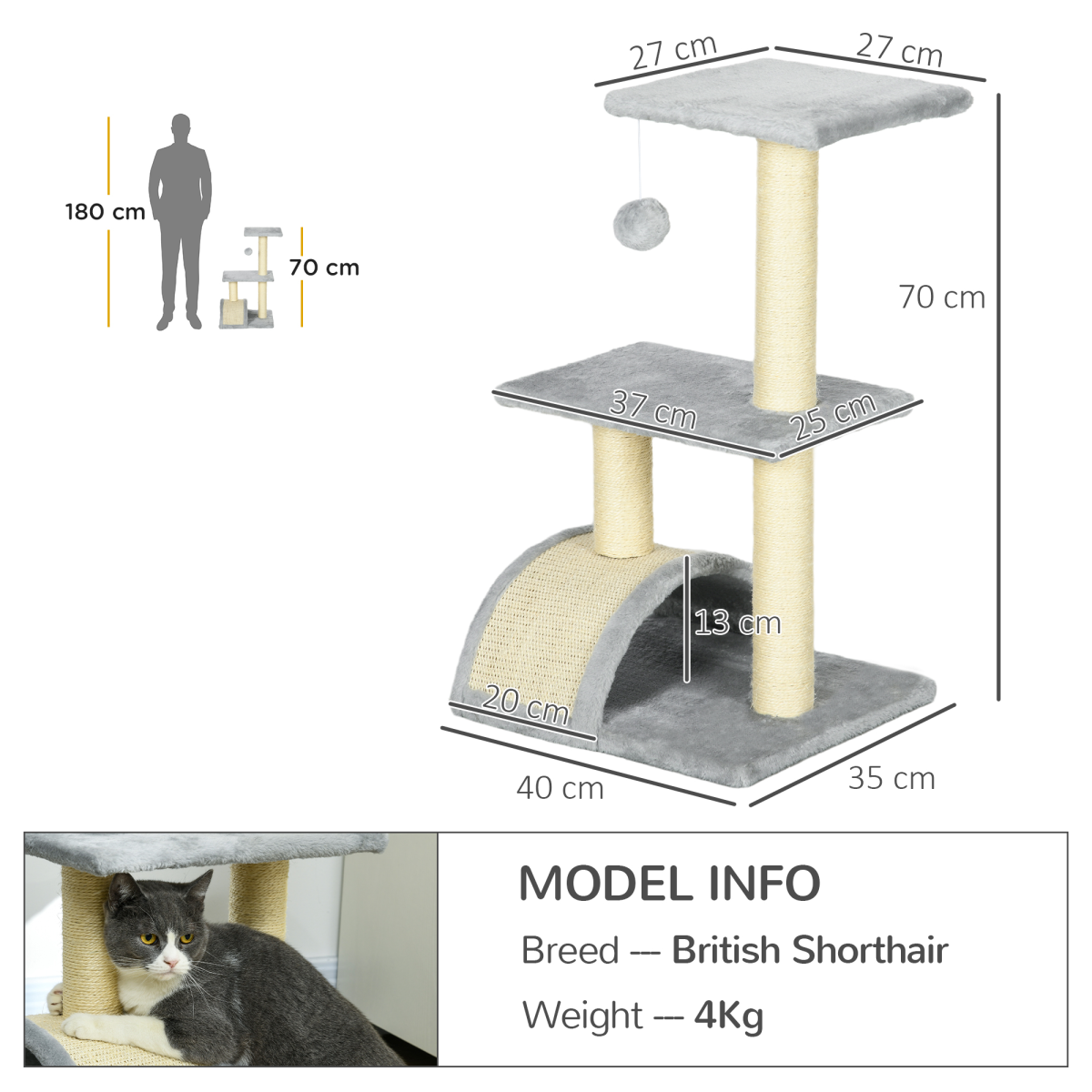 72cm Cat Tree Climbing Tower with Sisal Scratching Post - Light Grey