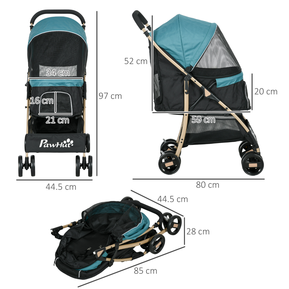 Pet Stroller for XS and S Dogs with Rain Cover - Dark Green