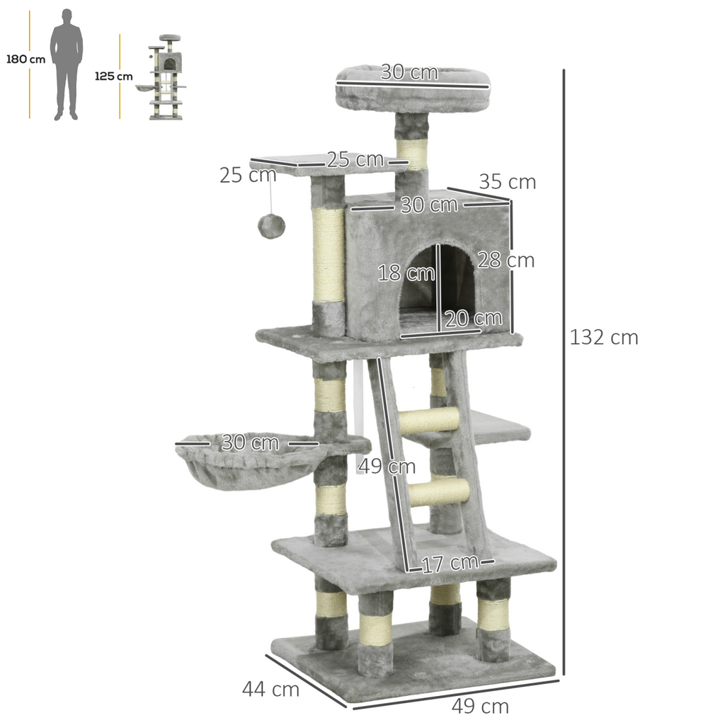 132cm Multi-Activity Cat Tree with House, Baskets, Hammock and Ladder - Grey