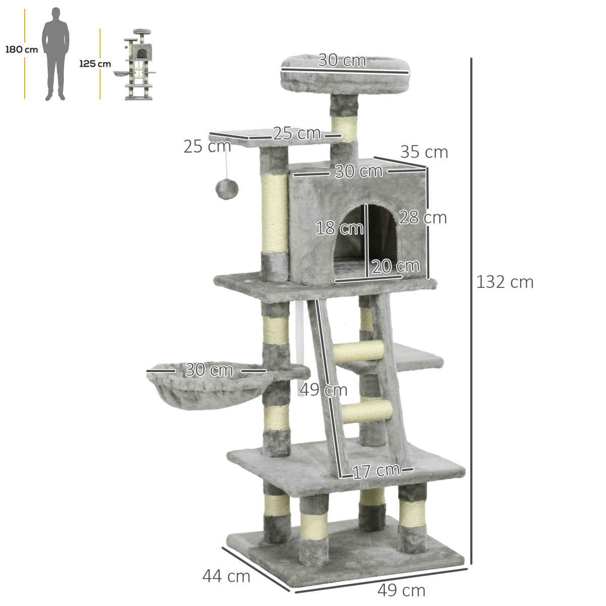 132cm Multi-Activity Cat Tree with House, Baskets, Hammock and Ladder - Grey