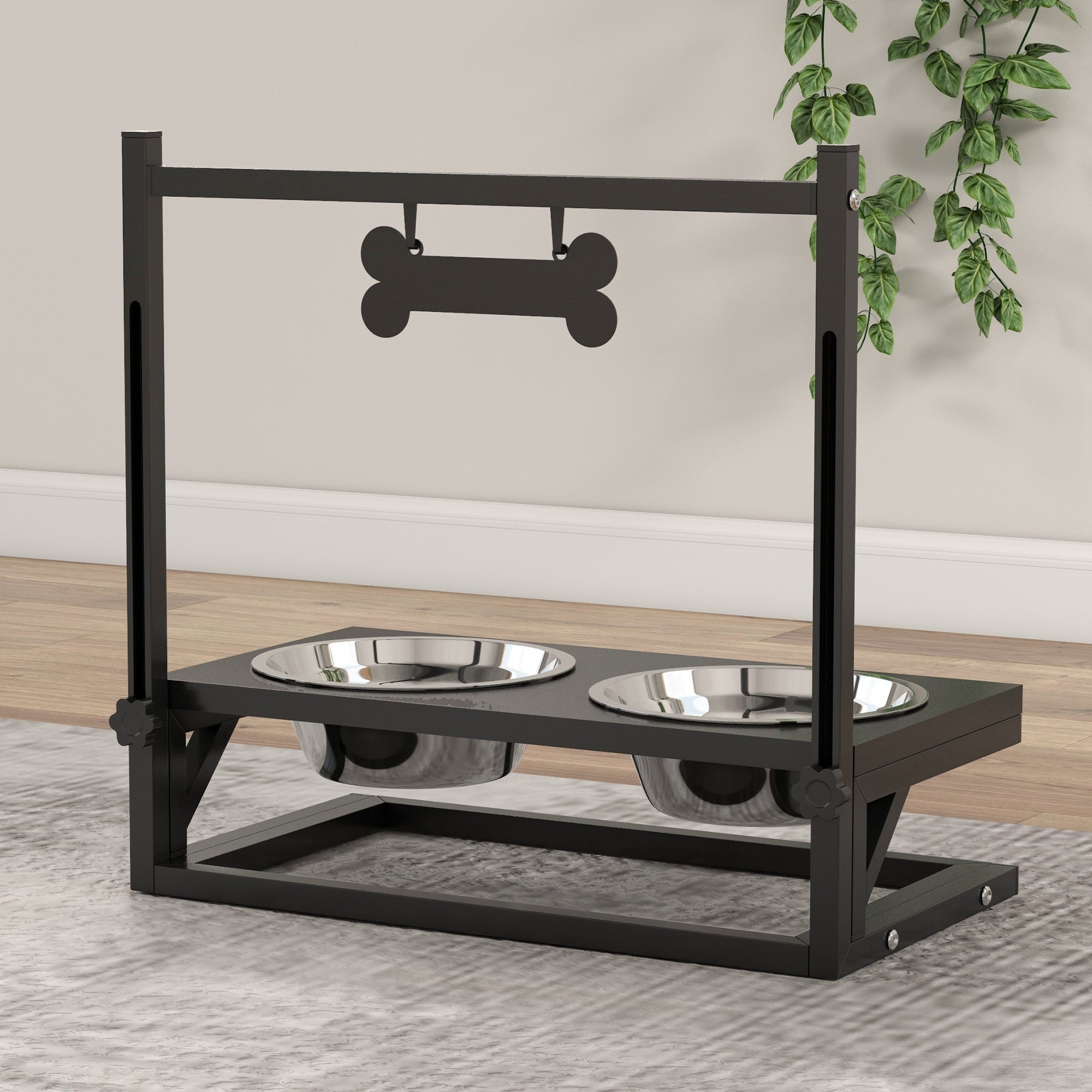 Dog Bowls with Stand, Adjustable Height Elevated Dog Bowls for Small Medium Large Dogs - Black
