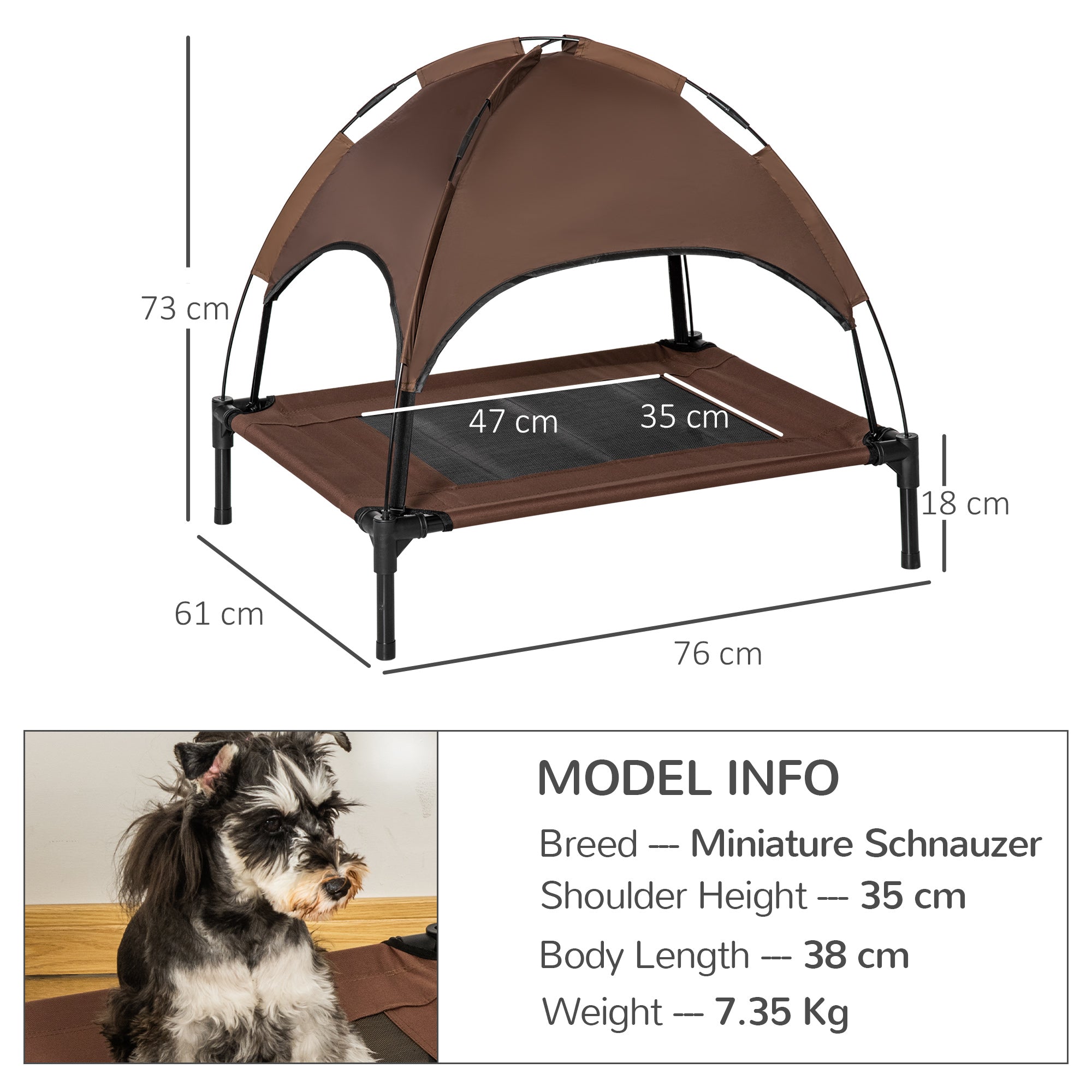 Outdoor Dog Bed with Removable Canopy, Portable Raised Dog Bed for Camping, Garden & Beach, Water-Resistant UV-Protection Mesh Pet Cot Sun Lounger, for Medium Pets, 76 x 61 x 73 cm, Brown