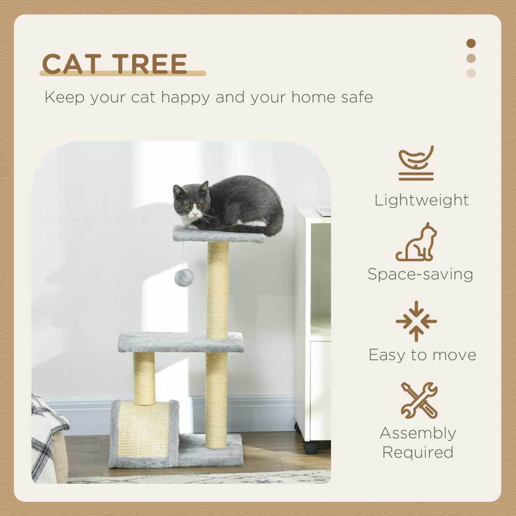 72cm Cat Tree Climbing Tower with Sisal Scratching Post - Light Grey