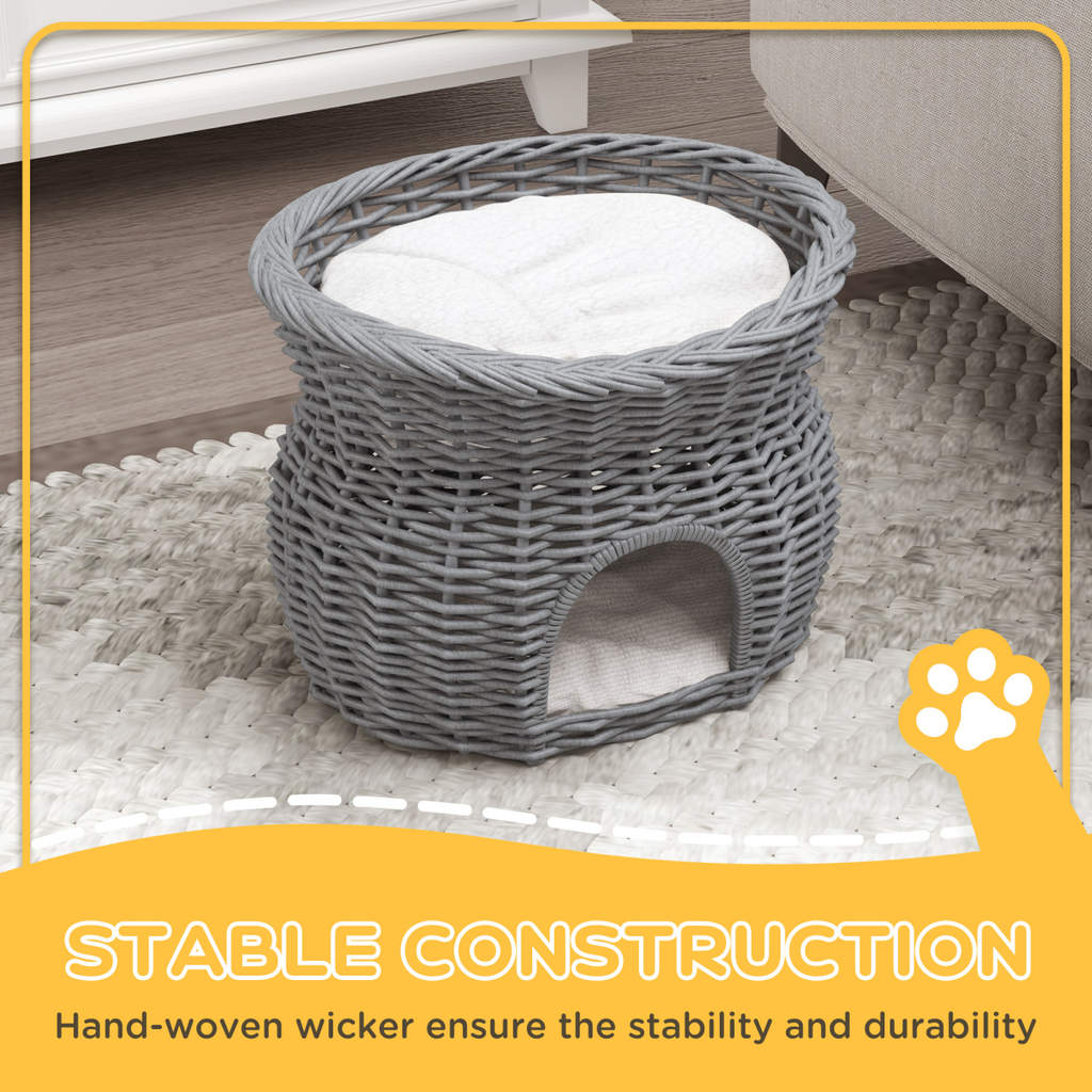 2-Tier Willow Pet Bed and Condo - Handwoven Cat House Basket, Grey