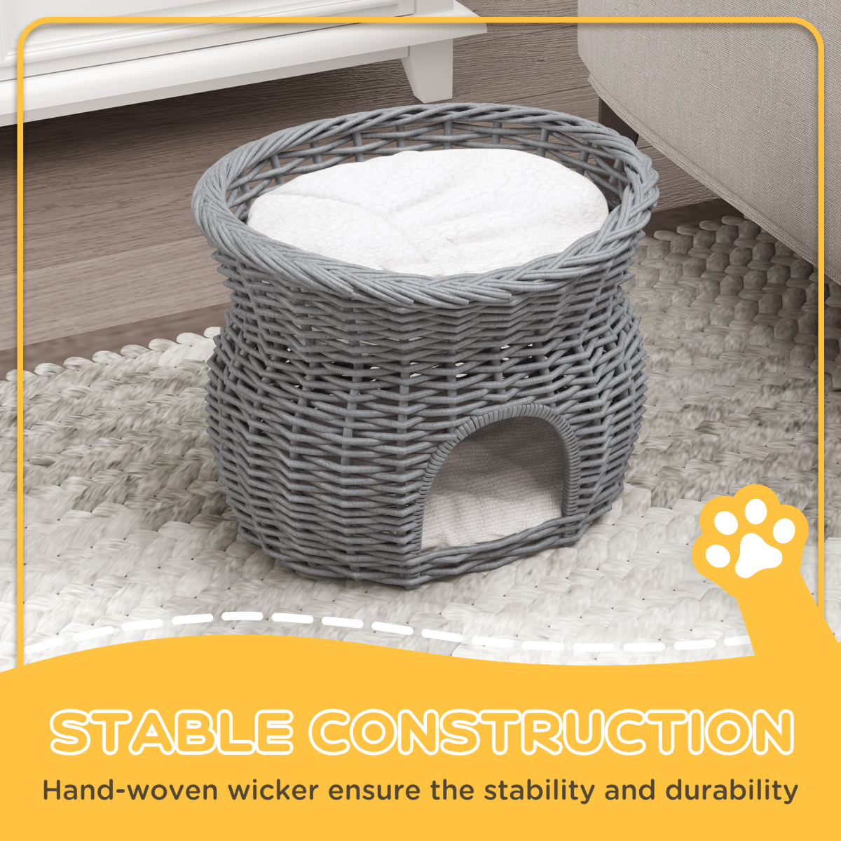 2-Tier Willow Pet Bed and Condo - Handwoven Cat House Basket, Grey