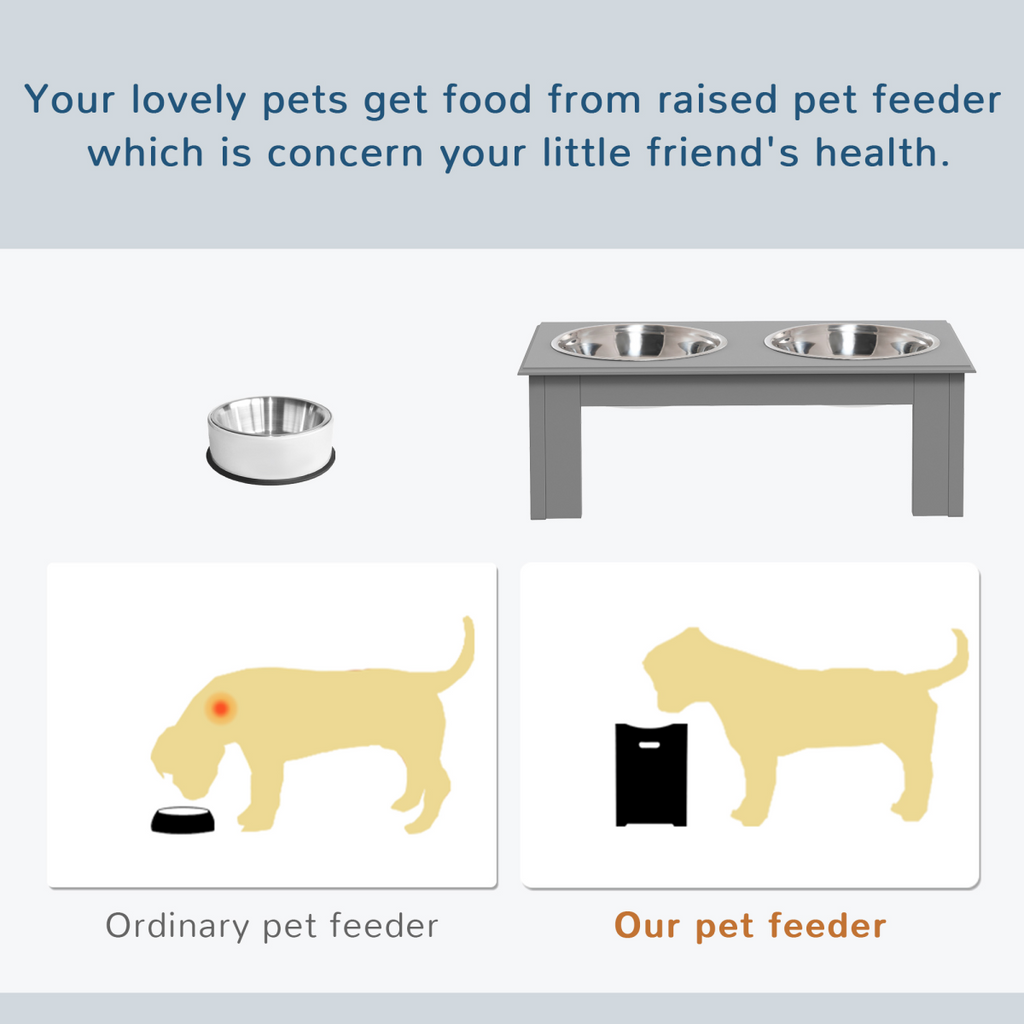 Raised Dog Bowls Feeder - Elevated Stainless Steel Double Bowl Stand, Grey