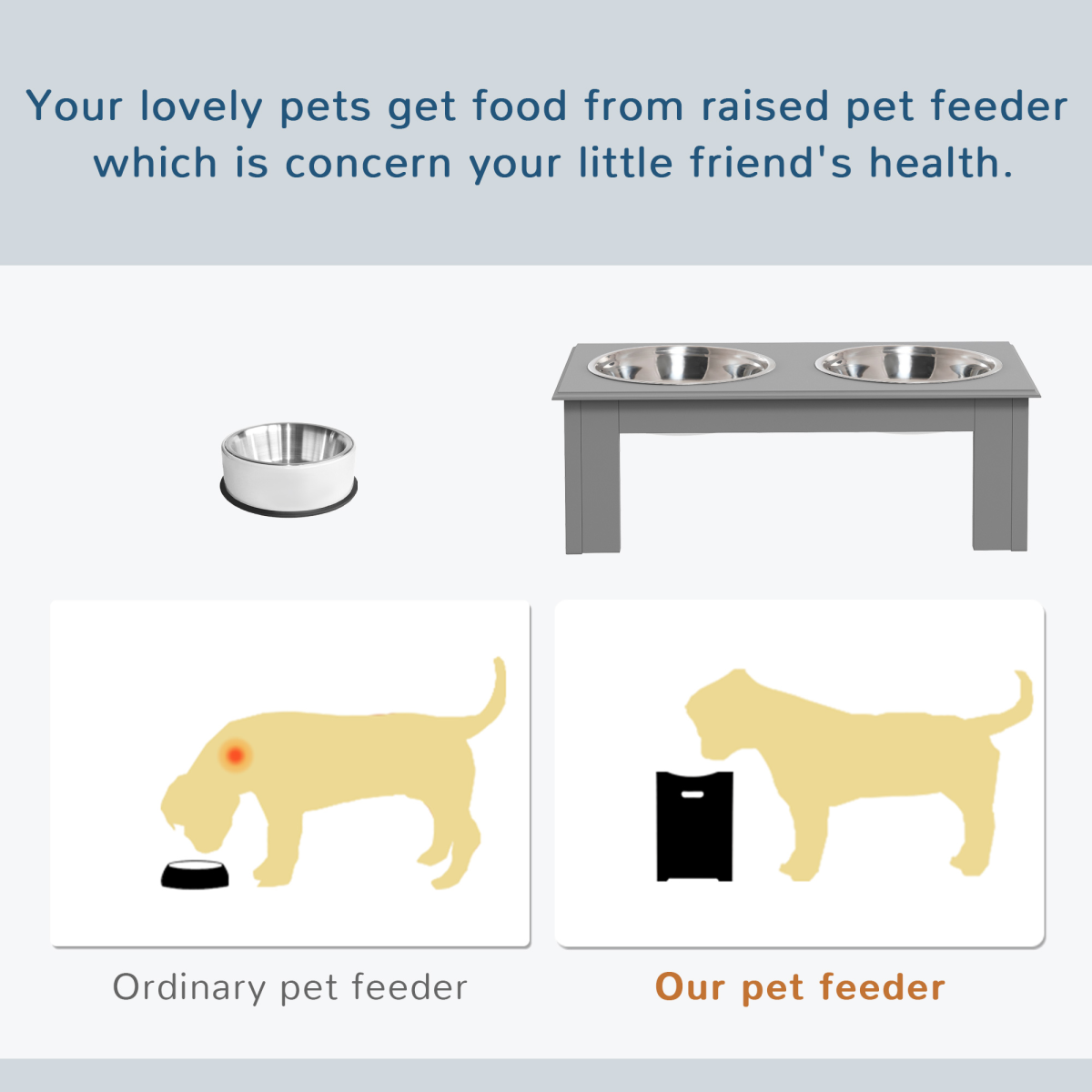 Raised Dog Bowls Feeder - Elevated Stainless Steel Double Bowl Stand, Grey