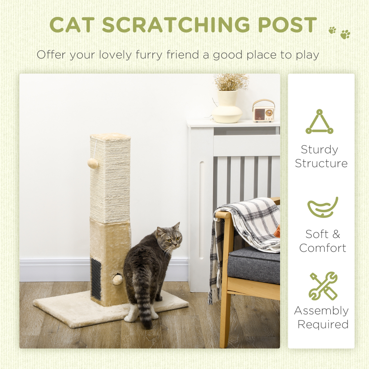 Cat Scratching Post and Climber with Carpet Base and Hanging Toy - Beige