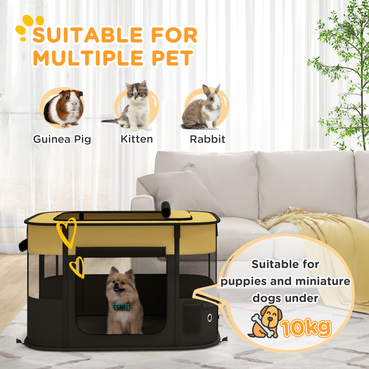 Portable Pet Playpen for Puppies, Rabbits, Kittens and Guinea Pigs - Yellow