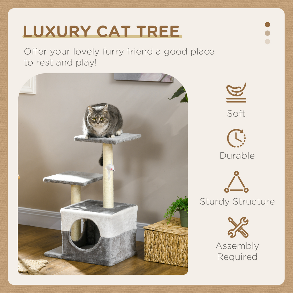 Cat Tree with Sisal Scratching Post, House, Perches and Toy Mouse - Grey