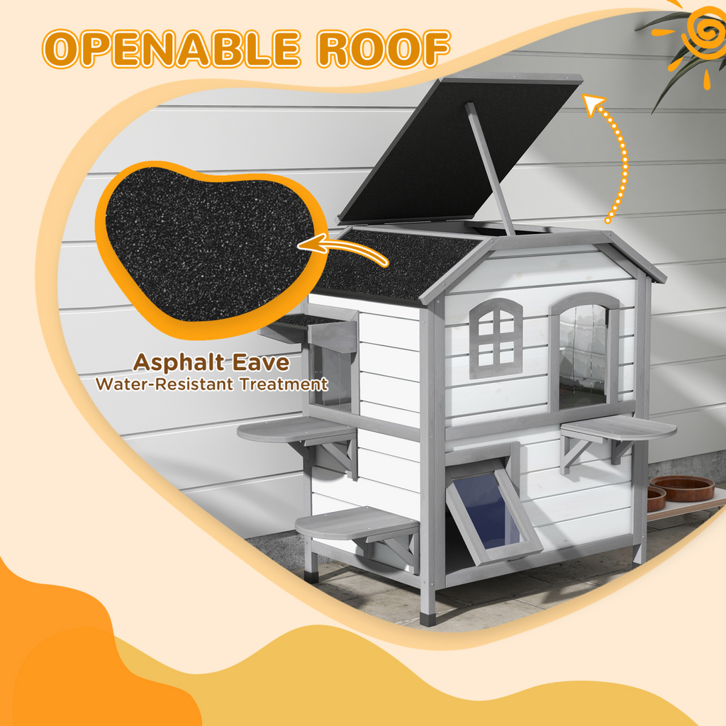Wooden Cat House with Openable Roof - Indoor and Outdoor Catio Condo, White