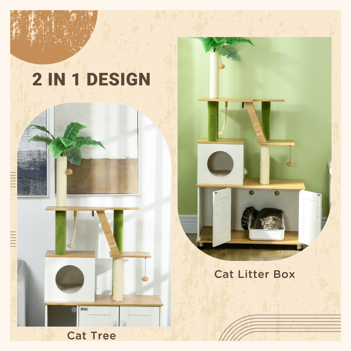 2-in-1 Hidden Litter Box and Cat Tree with Green Leaf Design - Oak