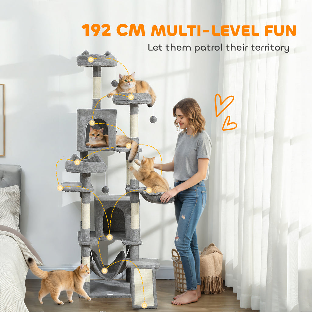 Cat Tree, 192 cm Large Multi-Level Cat Tower for Indoor Kittens with 8 Scratching Posts, 3 Plush Beds, 2 Hammocks