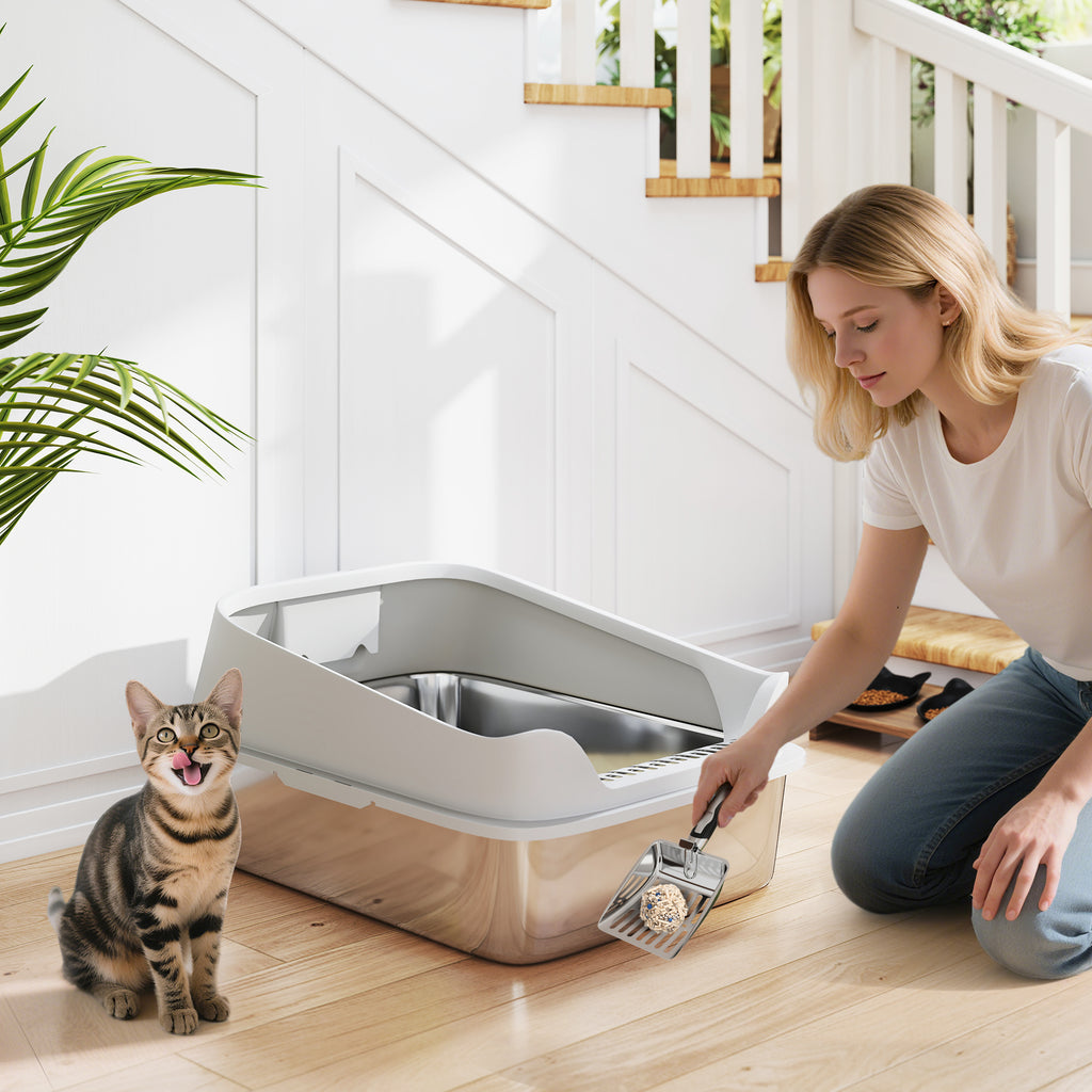 XXL Stainless Steel Cat Litter Box with High Sides & Metal Scoop, 70x50x30cm