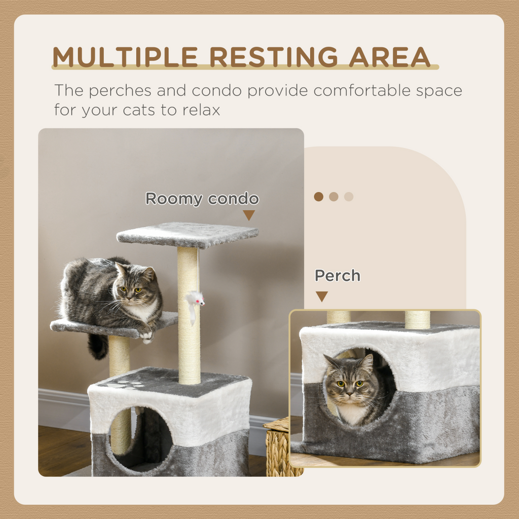 Cat Tree with Sisal Scratching Post, House, Perches and Toy Mouse - Grey