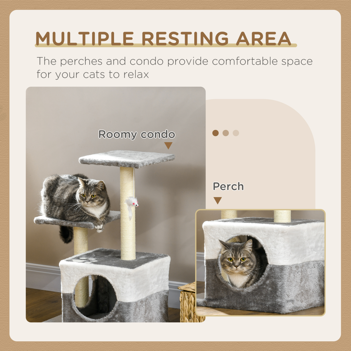 Cat Tree with Sisal Scratching Post, House, Perches and Toy Mouse - Grey