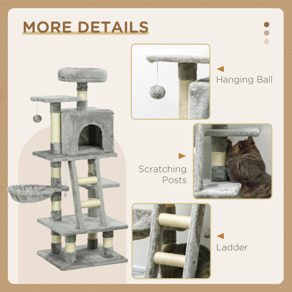 132cm Multi-Activity Cat Tree with House, Baskets, Hammock and Ladder - Grey