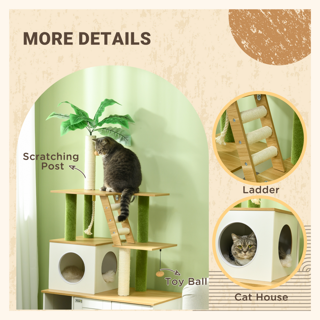 2-in-1 Hidden Litter Box and Cat Tree with Green Leaf Design - Oak