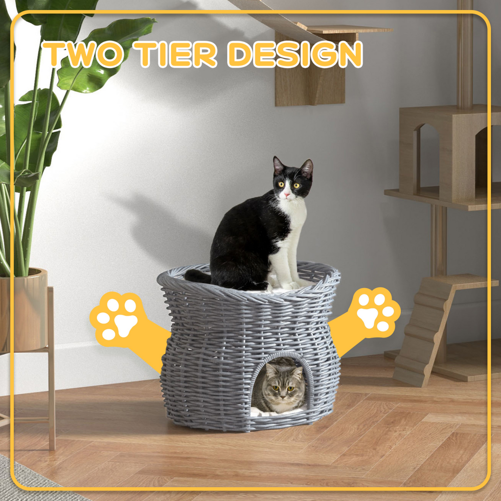 2-Tier Willow Pet Bed and Condo - Handwoven Cat House Basket, Grey