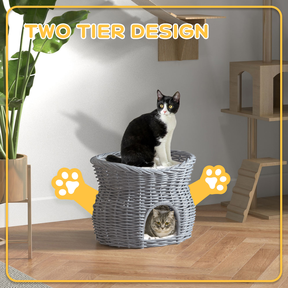 2-Tier Willow Pet Bed and Condo - Handwoven Cat House Basket, Grey